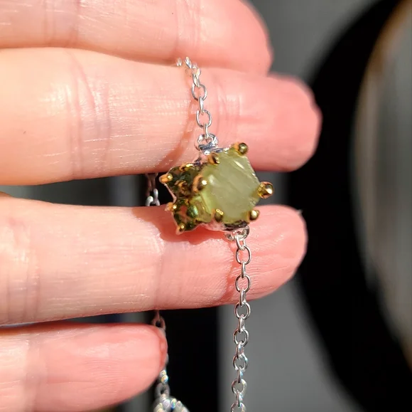 Large 10k RAW Natural Aquamarine & Peridot sterling & gold bracelet 8" - Picture 7 of 8